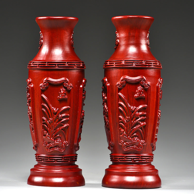Pair of red Huali wood carved decorative vases for new Chinese style living room office and entrance decor