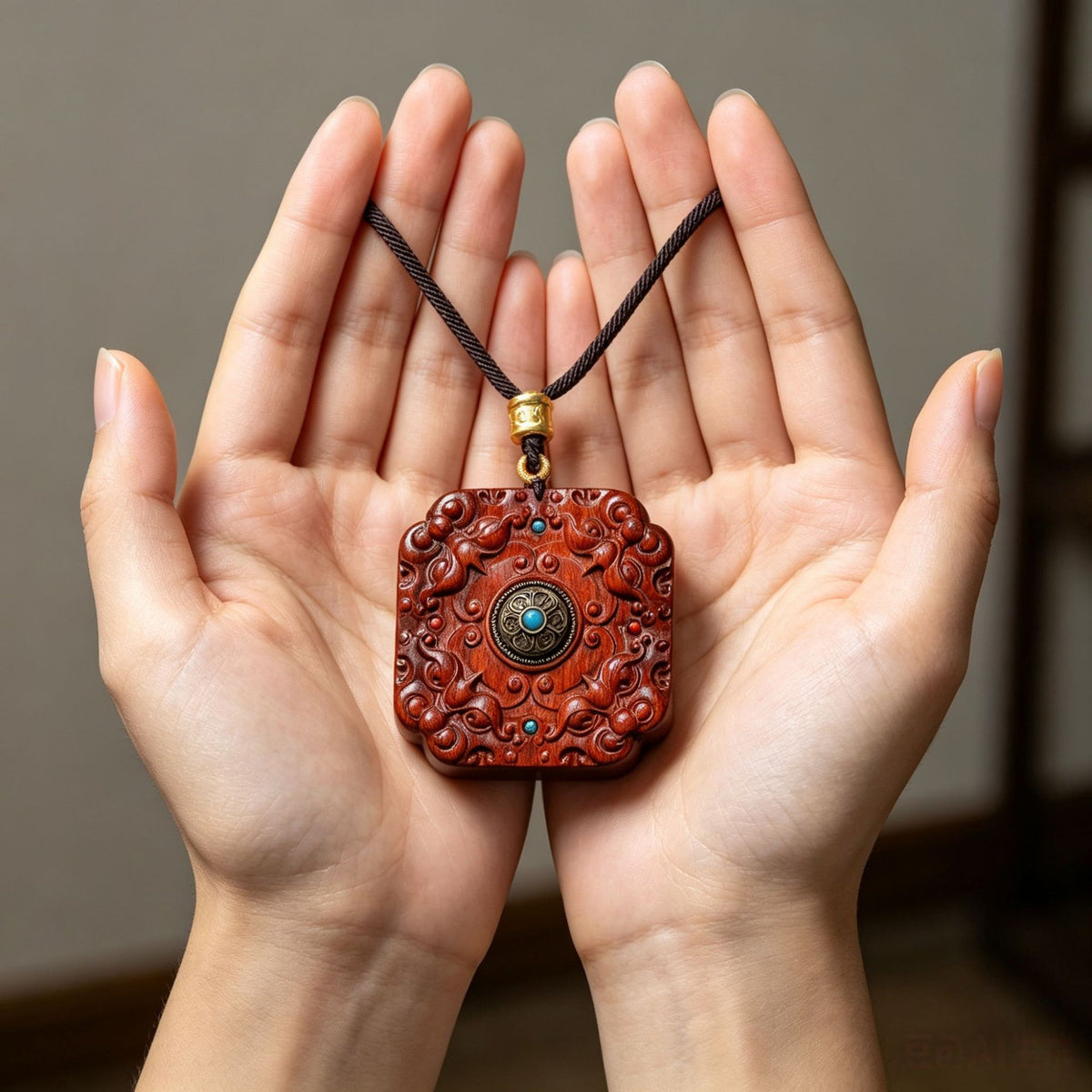 Red carved wood square pendant with central antique-tone medallion and turquoise-tone accents in a Neo-Chinese jewelry style