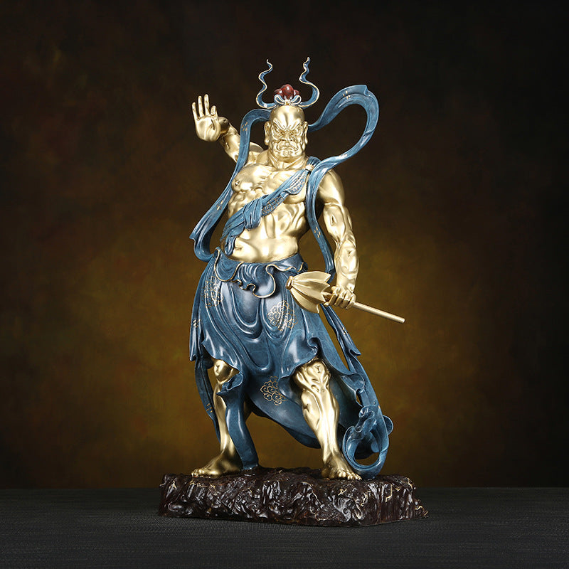 Renwang Ni-o Buddhist temple guardian copper sculpture in antique blue and gold finish