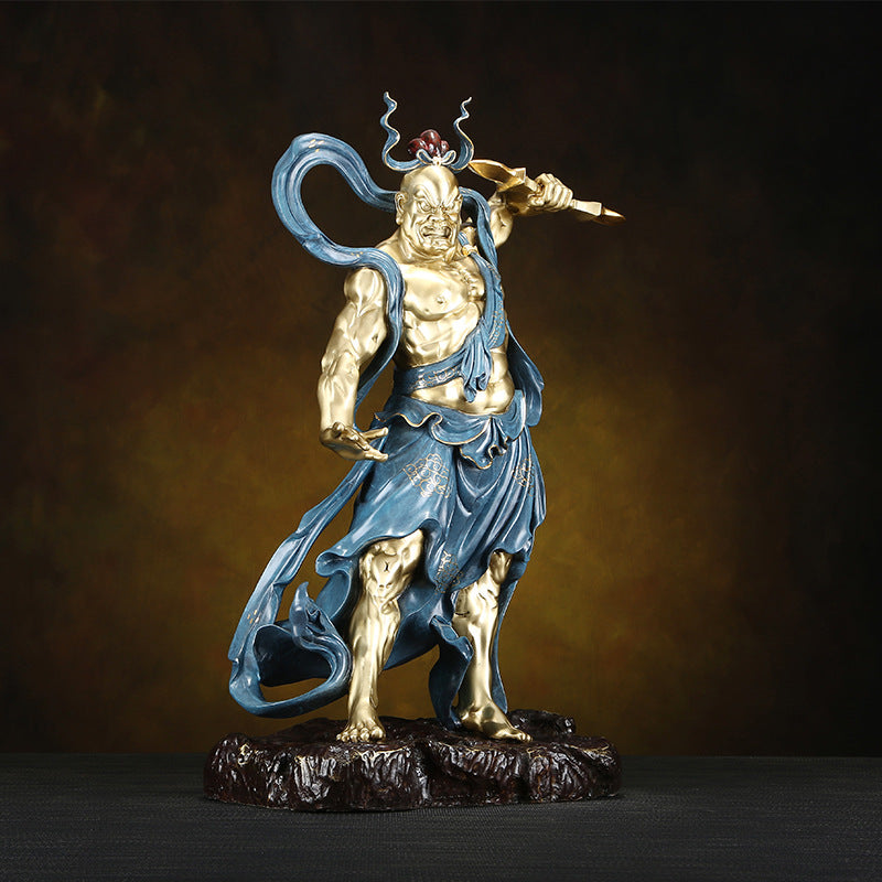 Renwang Ni-o copper guardian sculpture angled view with antique blue drapery and gold body