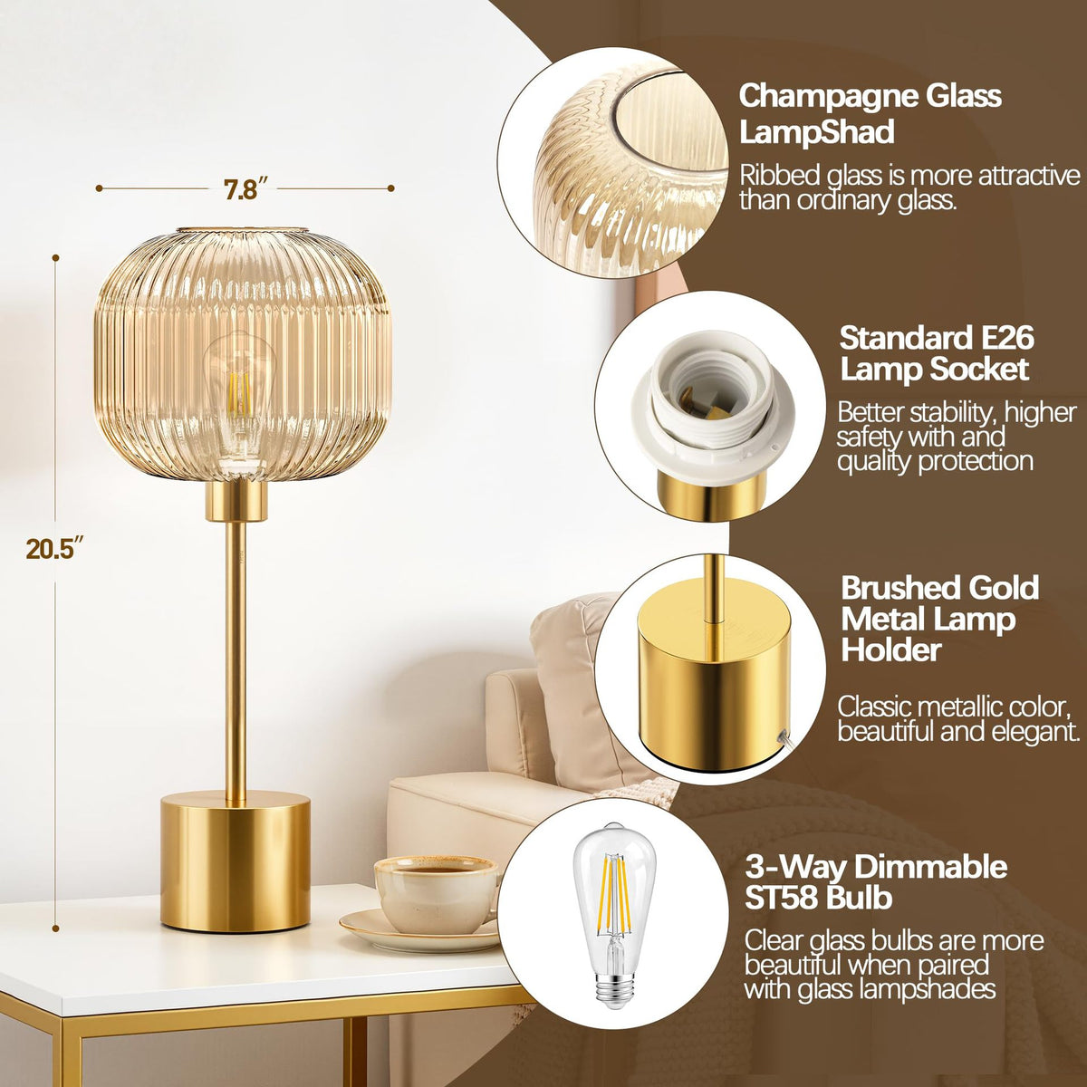 Champagne ribbed glass table lamp with gold metal base and E26 bulb