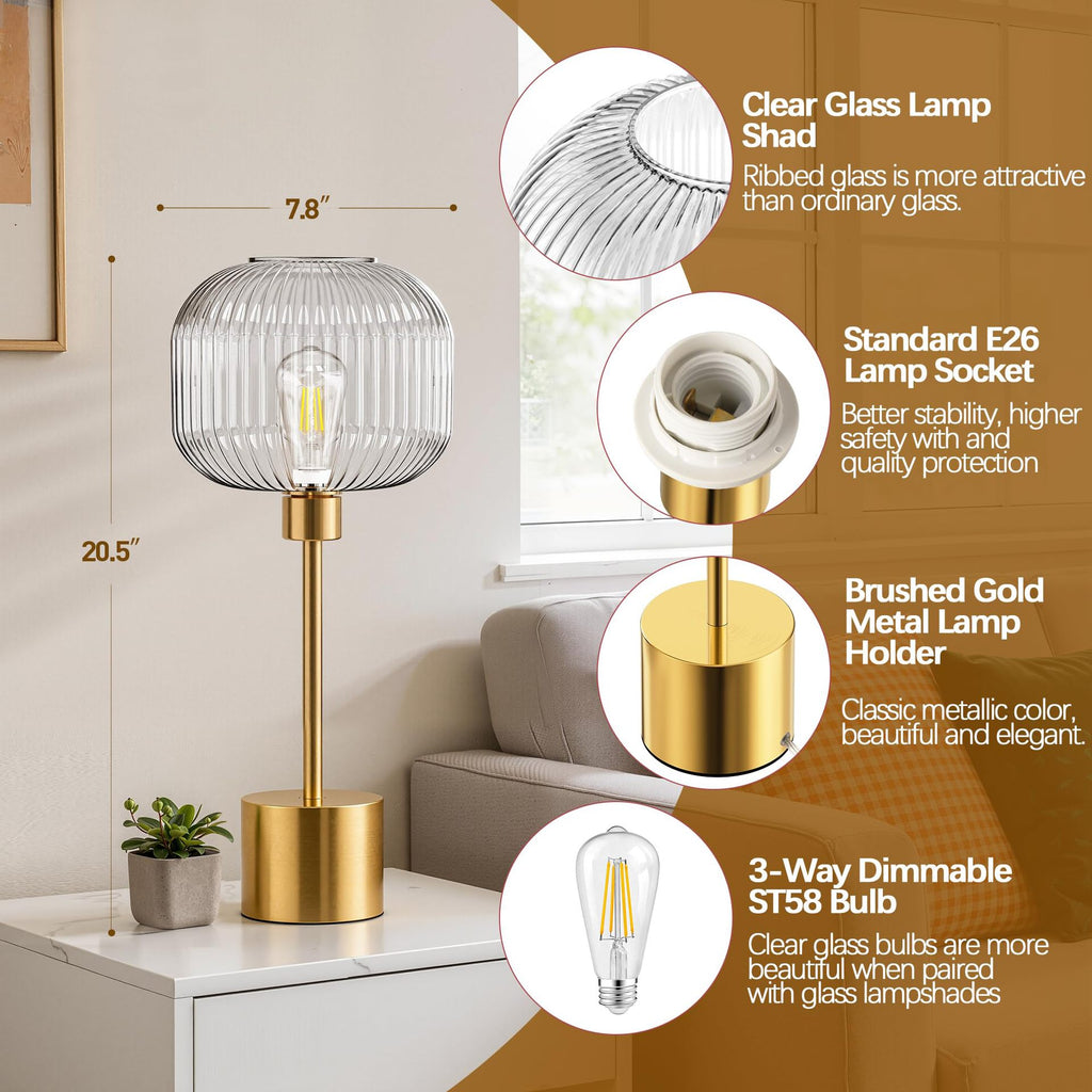Clear ribbed glass table lamp with brushed gold stem and touch dimmer