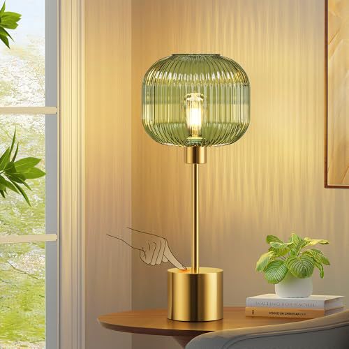 Green ribbed glass bedside lamp styled on round wood console