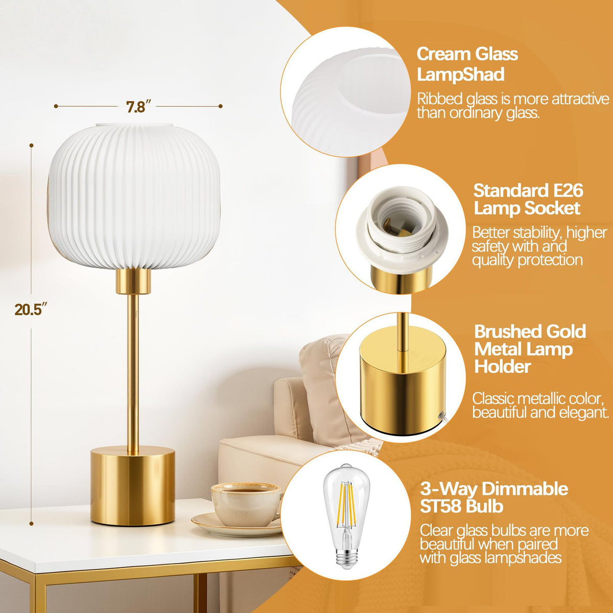 Cream ribbed glass table lamp with 3-way dimmable touch control