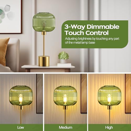 Green ribbed glass lamp showing low medium and high touch brightness levels