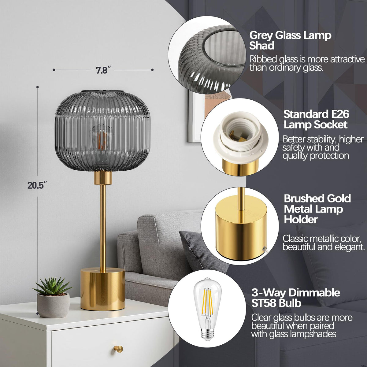 Gray ribbed glass touch table lamp with gold metal base