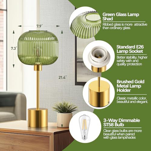 Green ribbed glass lamp with E26 socket and 3-way dimmable bulb details