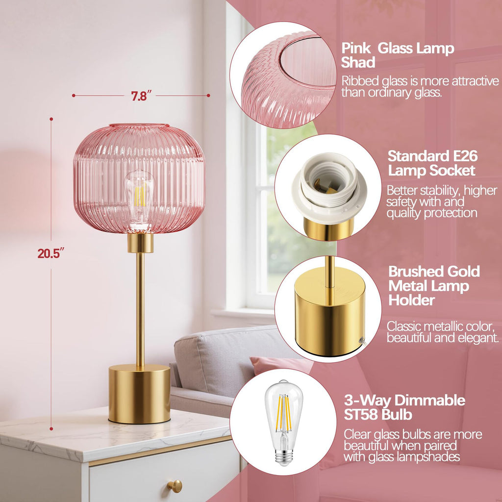 Pink ribbed glass bedside lamp with E26 socket and brushed gold base