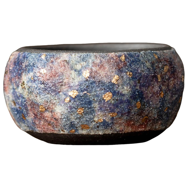 Rock mineral Zen Gongfu tea cup with blue red gray glaze and gold speck accents