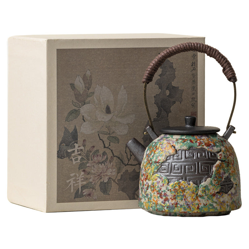 Rock-painting glaze ceramic bail-handle teapot with gift box