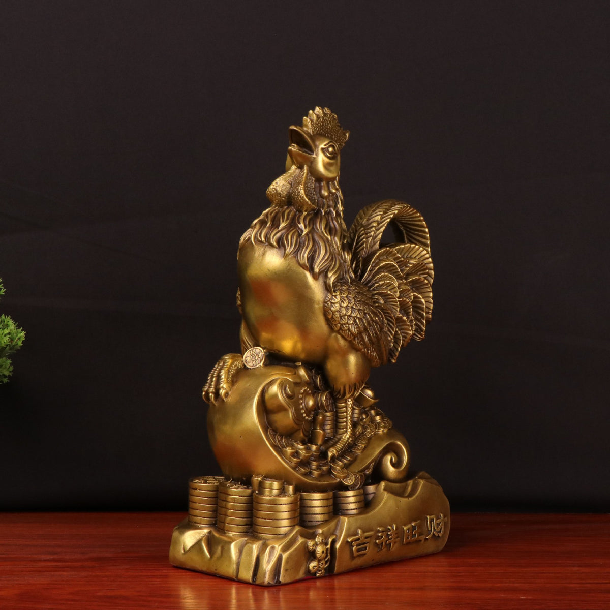 Chinese auspicious rooster sculpture on wealth symbols in antique gold finish