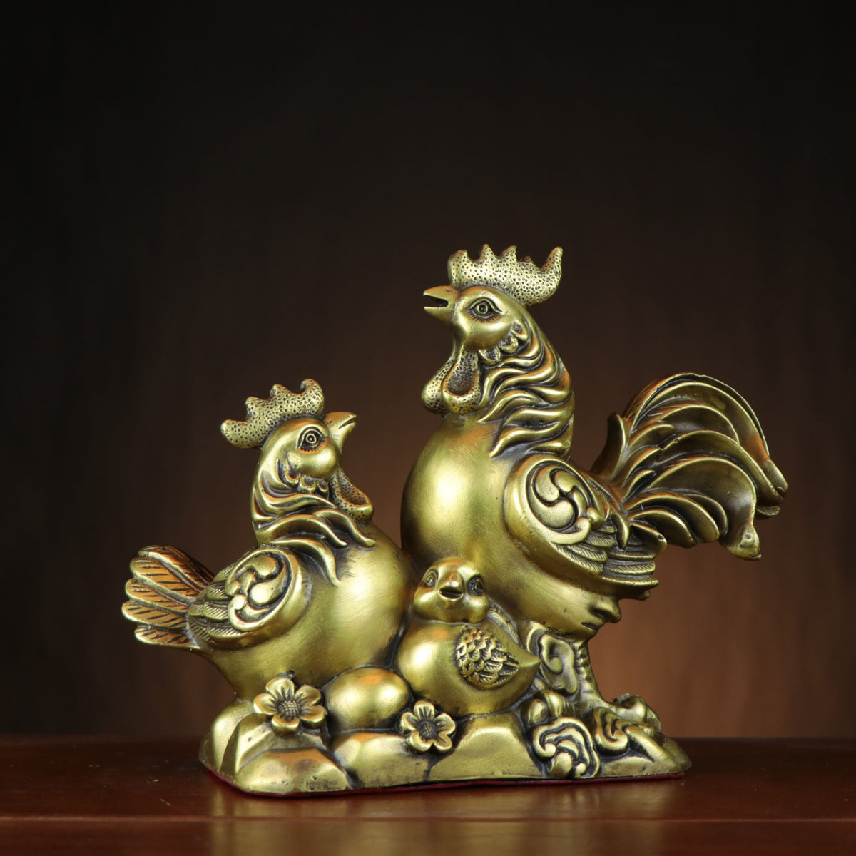 Antique gold rooster hen and chick family copper sculpture with floral and auspicious details
