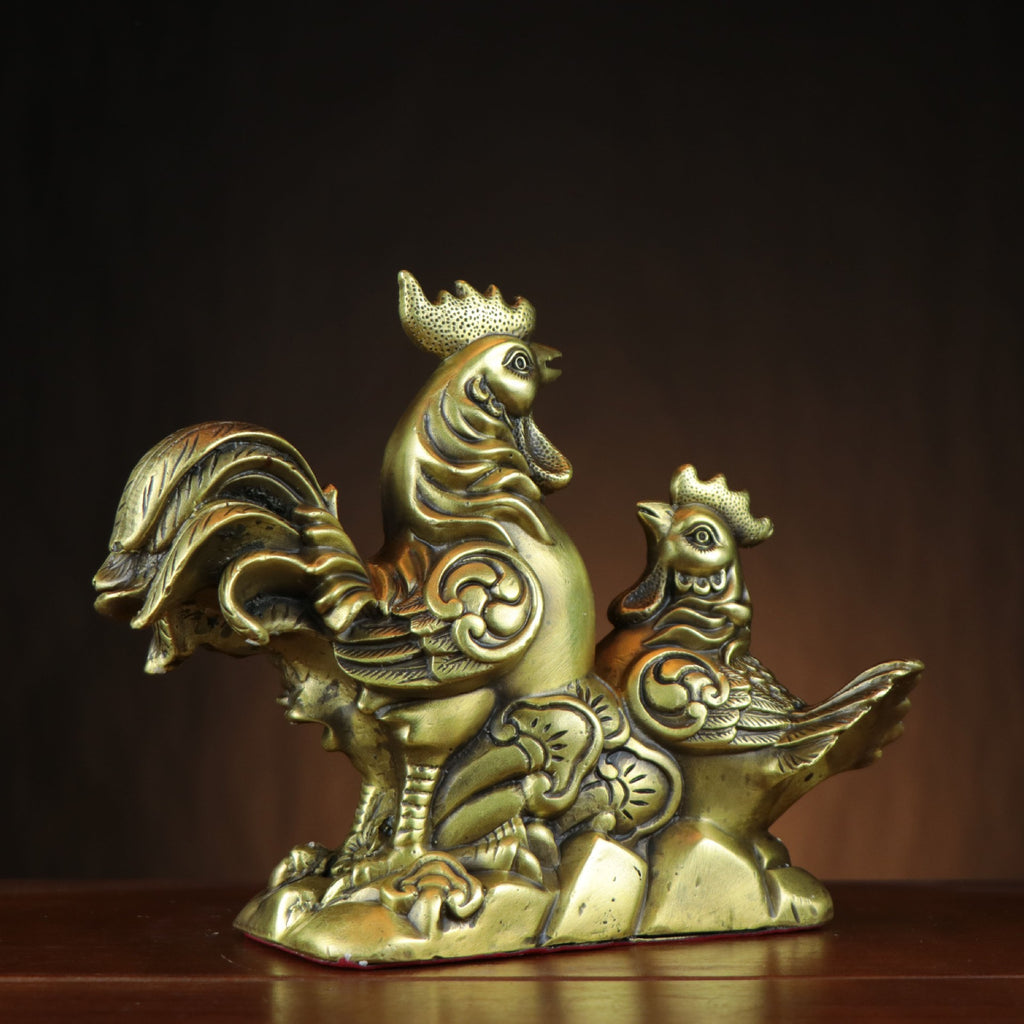 Rooster and hen family copper sculpture side view in antique gold finish