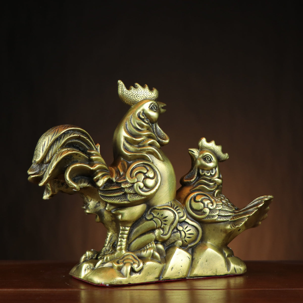 Rooster and hen family copper sculpture side view in antique gold finish