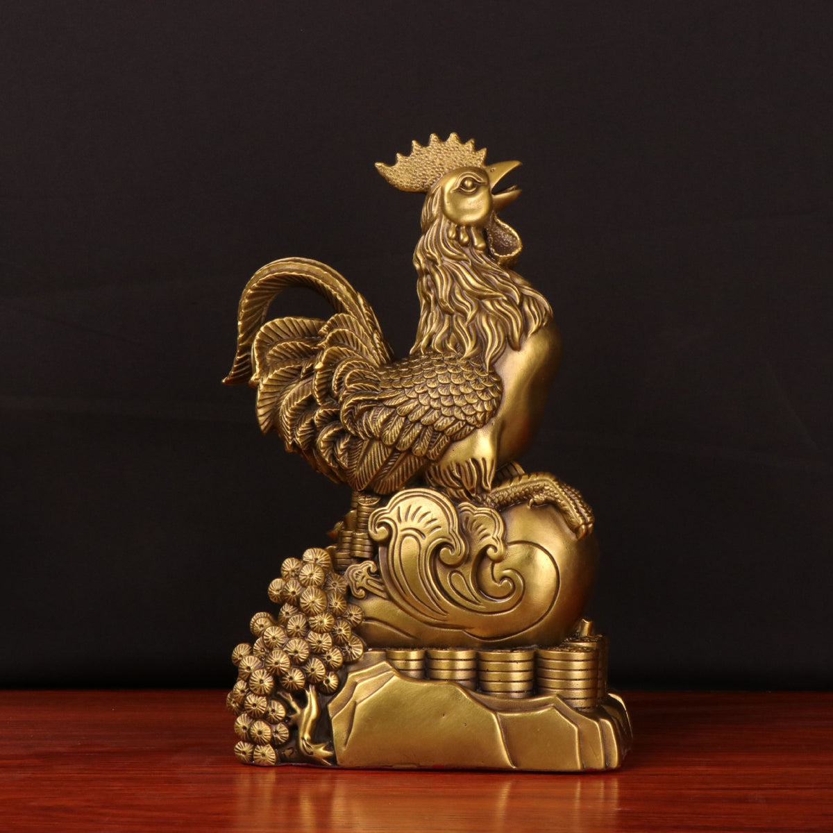 Chinese rooster prosperity sculpture with coins, ingots and ruyi motifs side view
