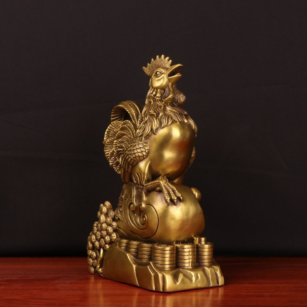 Antique gold rooster wealth sculpture with coin and gourd motifs rear angle