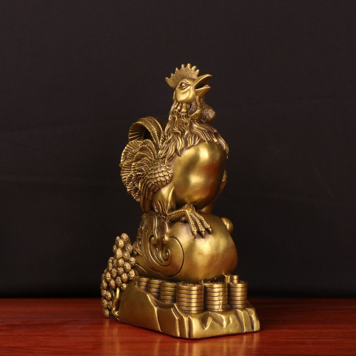 Antique gold rooster wealth sculpture with coin and gourd motifs rear angle