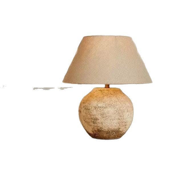 Round beige stone-texture ceramic lamp with tapered linen shade