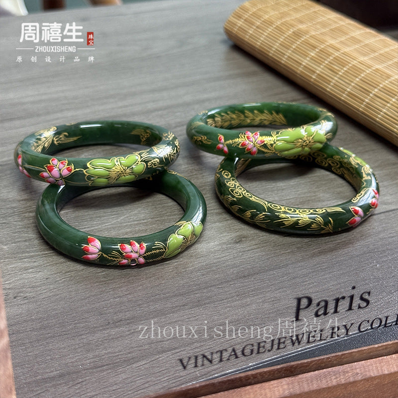 Certified Russian spinach green Hetian jade bangle with hand painted gold and floral decoration