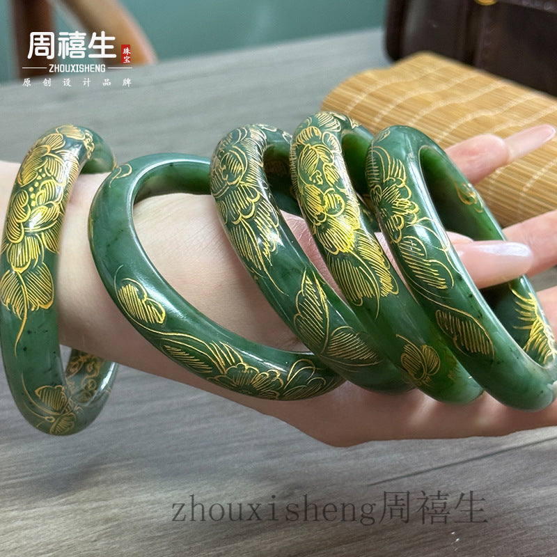 Decorative Russian green Hetian jade bangles with gold linework and floral motifs