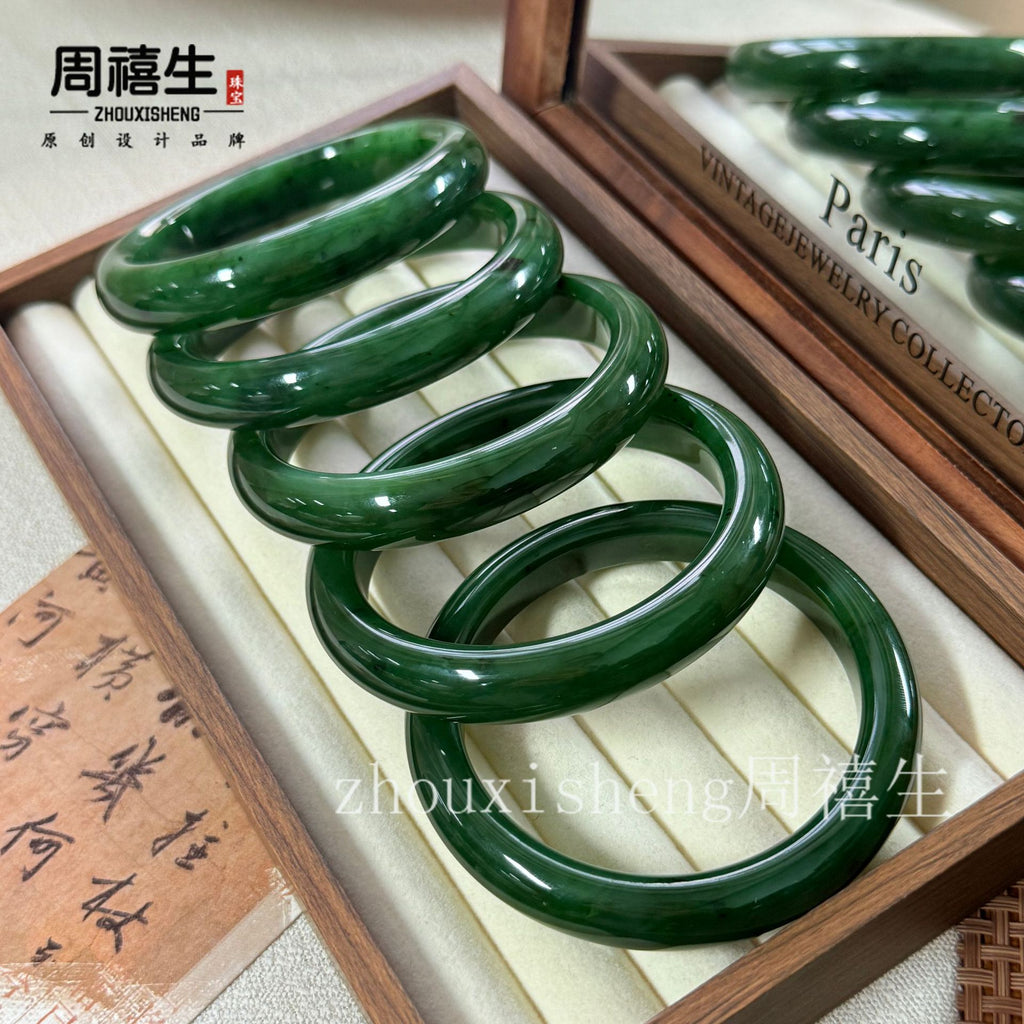 Deep green Russian Hetian jade bangle set with smooth rounded polish
