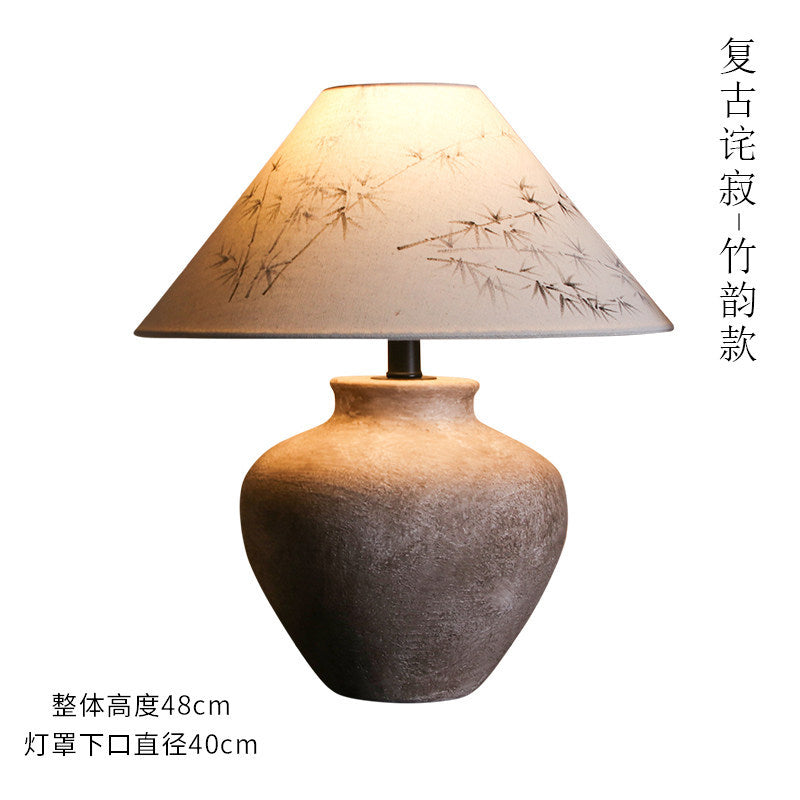 Rustic jar ceramic lamp with bamboo motif linen shade, approximately 48 cm high
