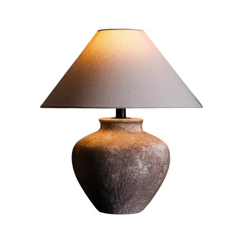 Vintage textured ceramic jar table lamp with plain linen shade