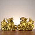 Facing pair of Ruyi Jinqian Pixiu copperware sculptures with Chinese coins and auspicious gourd details for office entrance shop and business opening decor