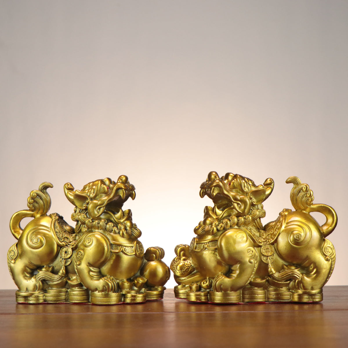 Facing pair of Ruyi Jinqian Pixiu copperware sculptures with Chinese coins and auspicious gourd details for office entrance shop and business opening decor