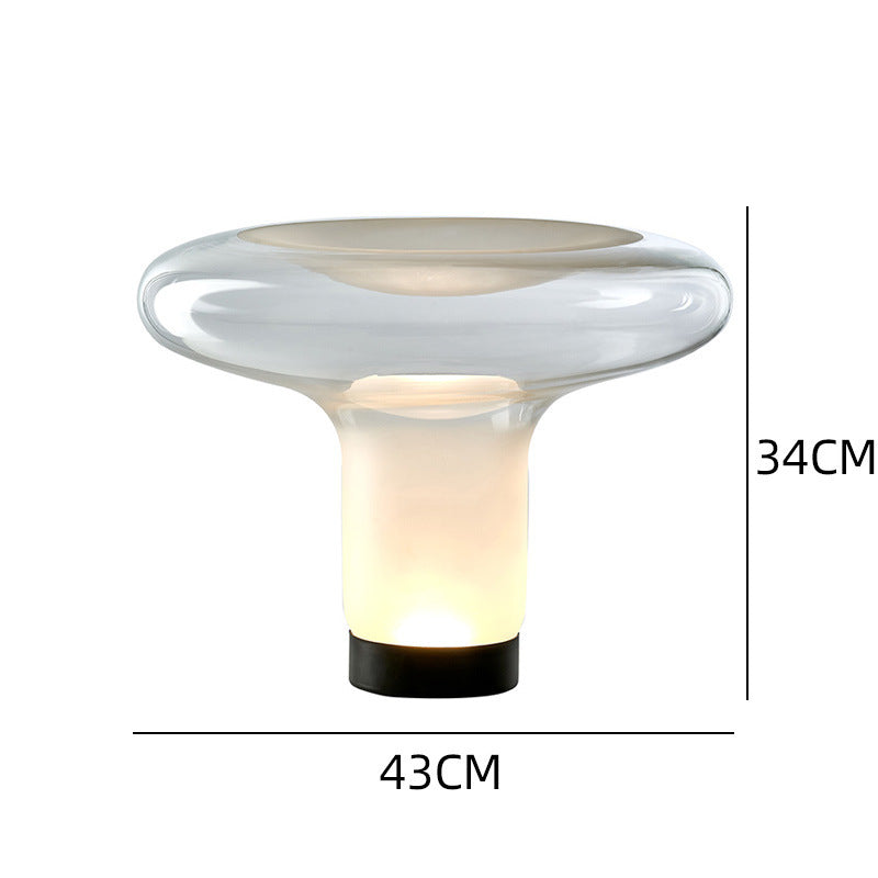 Sculptural clear glass halo mushroom table lamp 43 by 34 cm, modern bedside lighting view 1