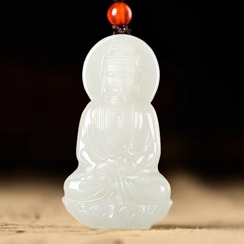 Polished white seated Buddhist figure pendant with halo