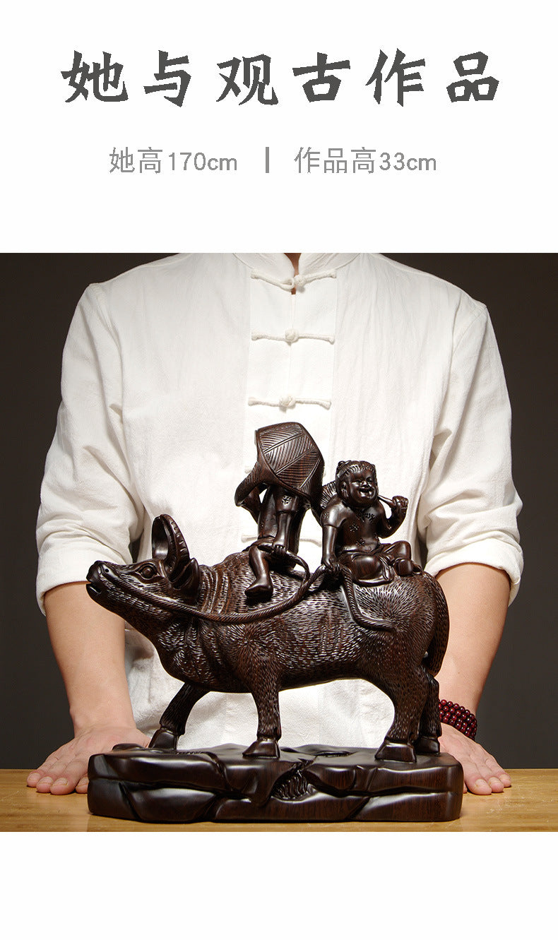 Scale reference for 33cm Chinese shepherd boys riding water buffalo carved sculpture shown beside a 170cm model