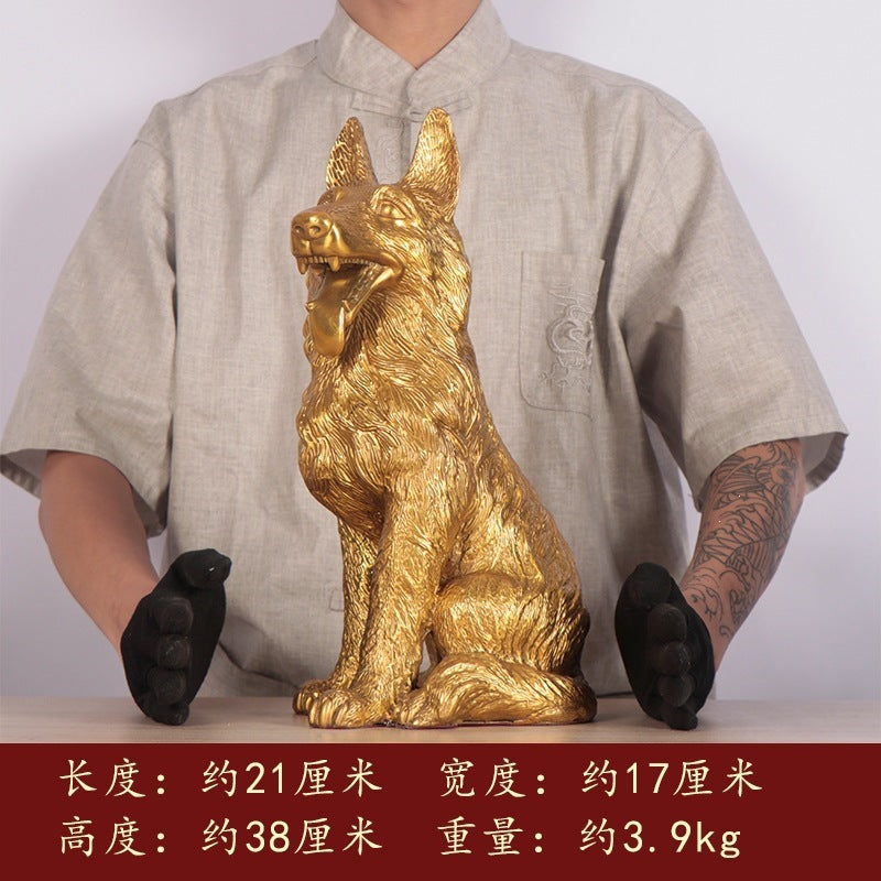 38 cm large shepherd dog guardian sculpture in golden copper-tone finish