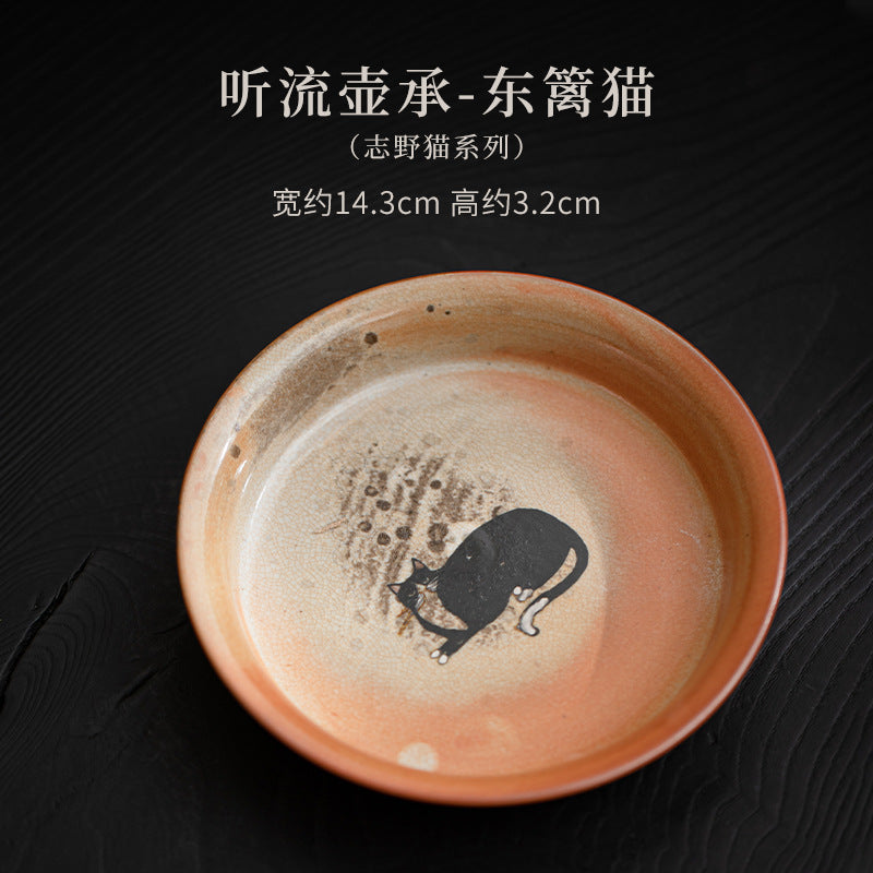 Dongli cat Shino-style ceramic teapot rest and serving tray 14.3cm