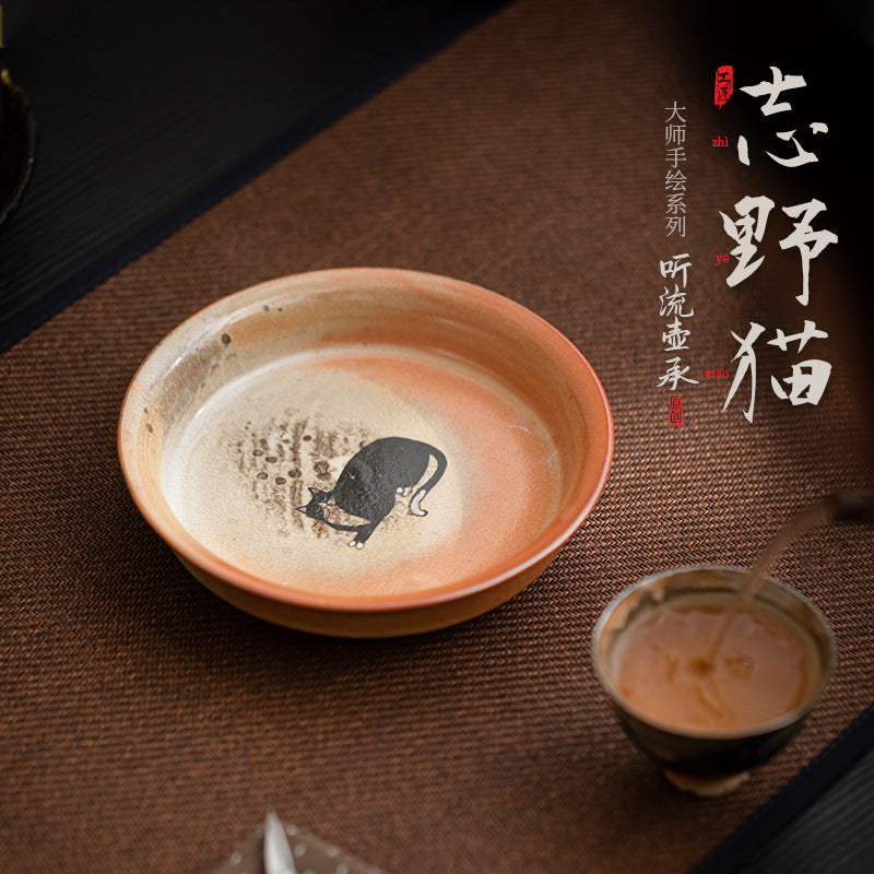 Japanese-inspired Shino black cat ceramic tea tray lifestyle setting