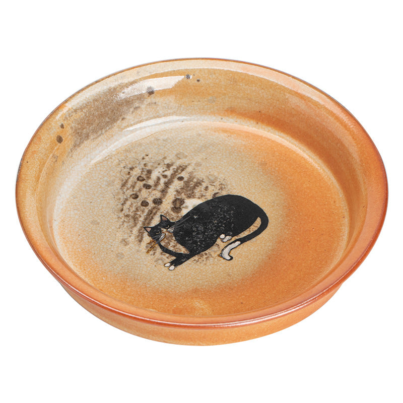 Japanese Shino kiln-change black cat ceramic teapot rest tray 14.3cm