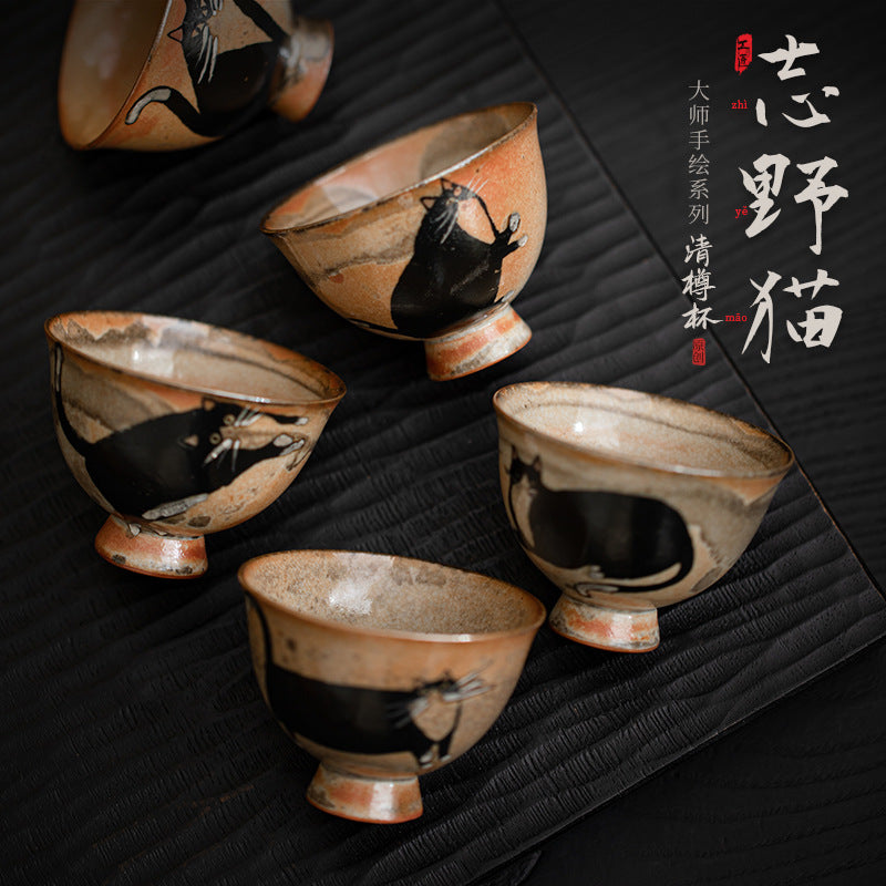 Shino kiln-change hand-painted black cat ceramic Gongfu tea cup collection