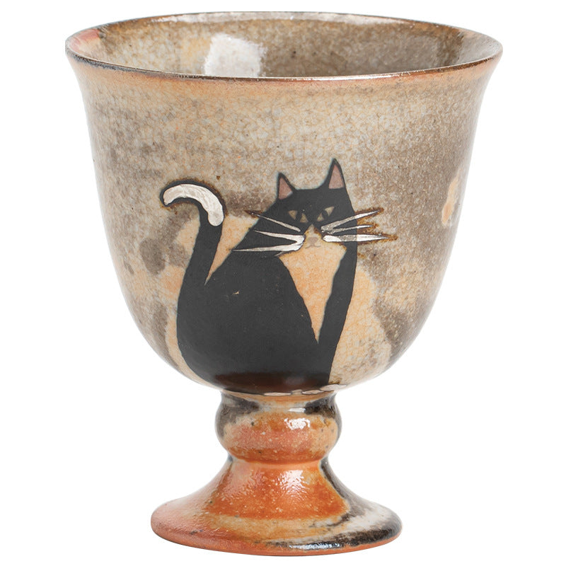Tinggu-style Shino ceramic tea cup with black cat motif