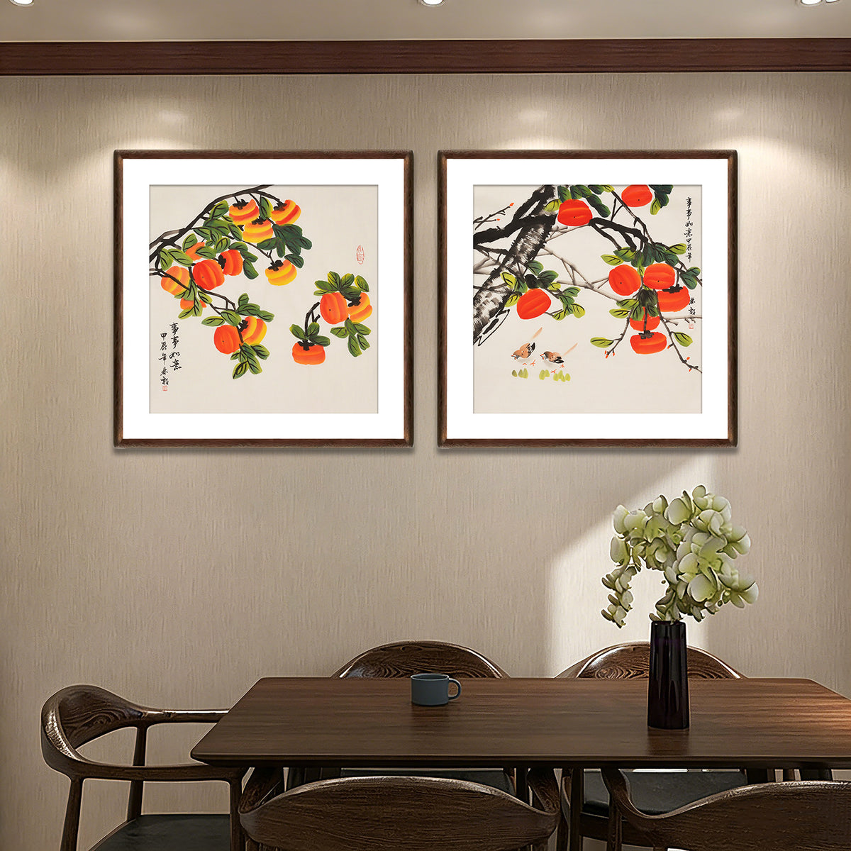 Chinese Shishi Ruyi persimmon painting styled above a dining table in a warm wood interior; paired artwork shown for styling reference only