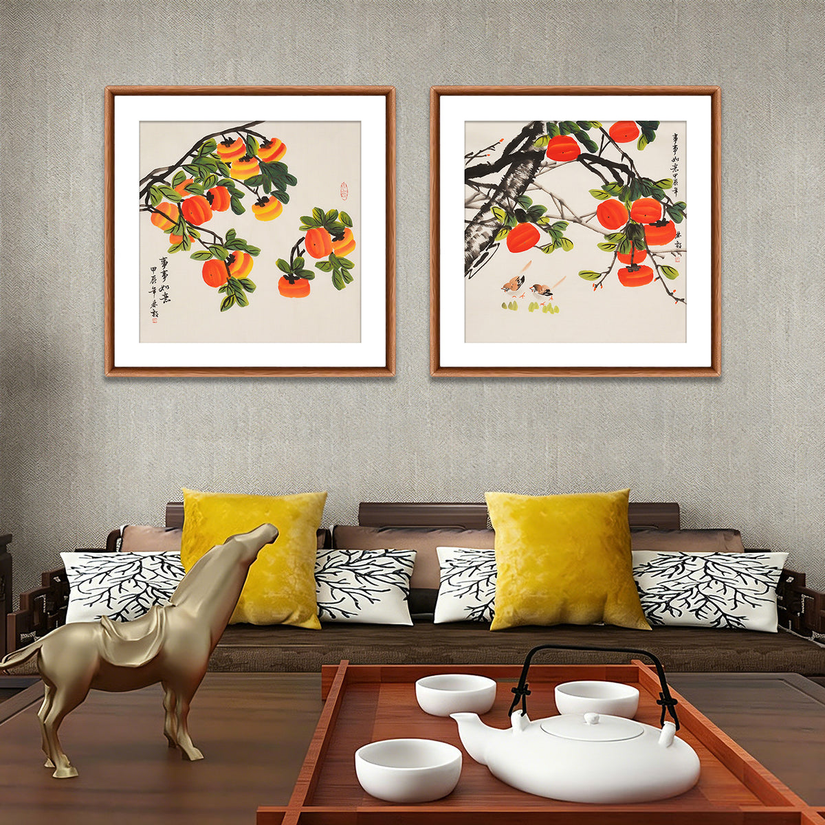 Chinese Shishi Ruyi persimmon painting styled in a living room above dark wood seating and tea table; paired artwork shown for decor inspiration only