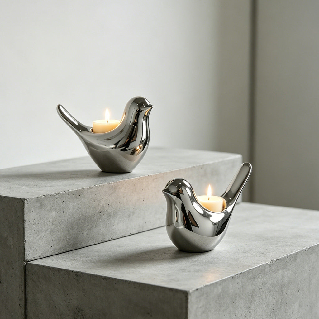 Silver ceramic bird candle holders with lit tealights on concrete steps