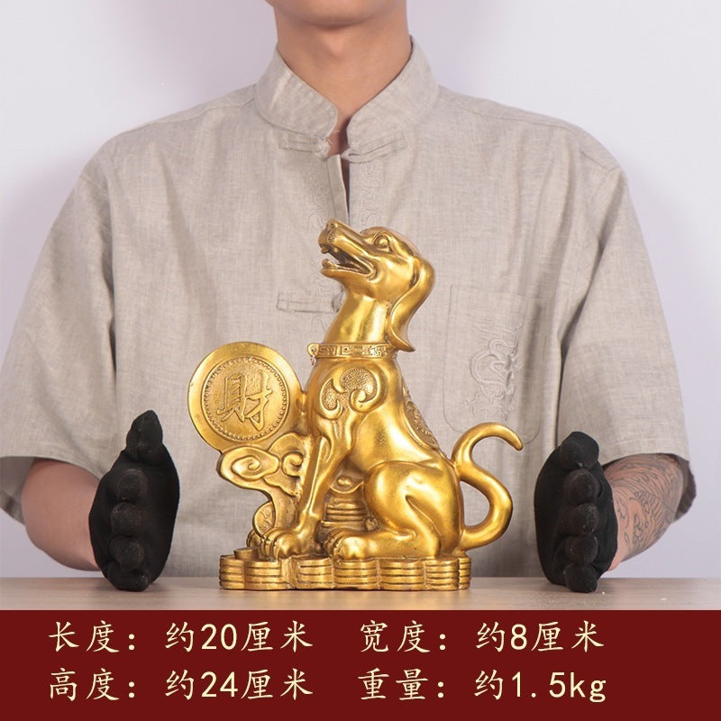 24 cm sitting wealth dog with coin Chinese copper-tone sculpture