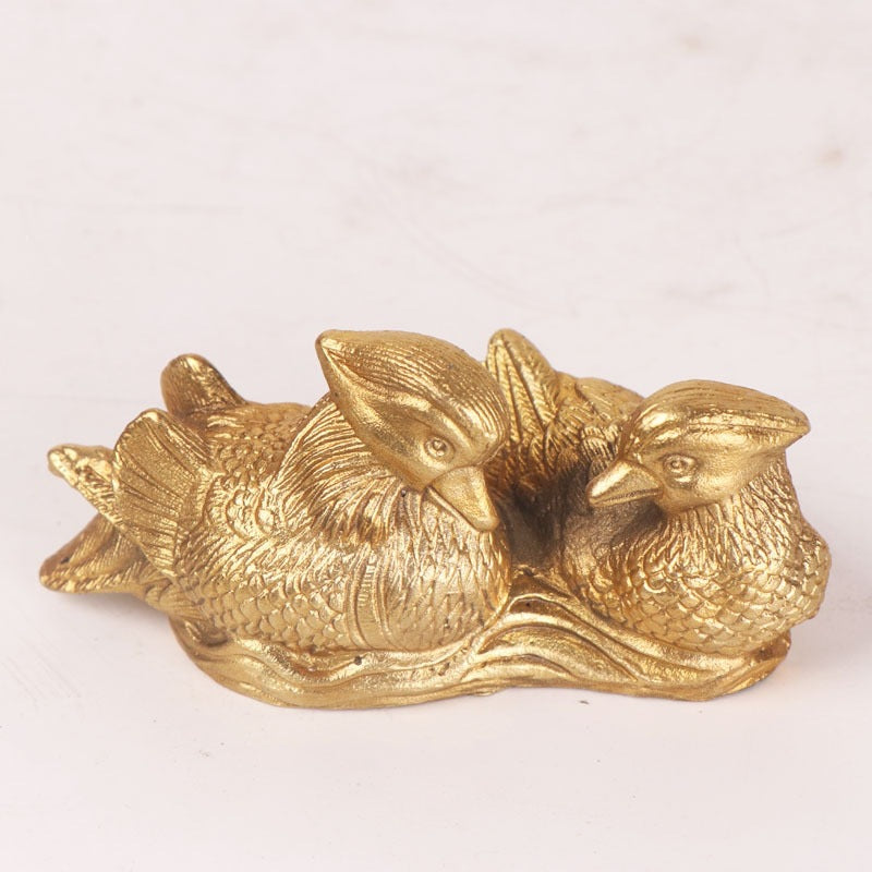 Small paired mandarin duck sculpture in antique gold finish for romantic home decor