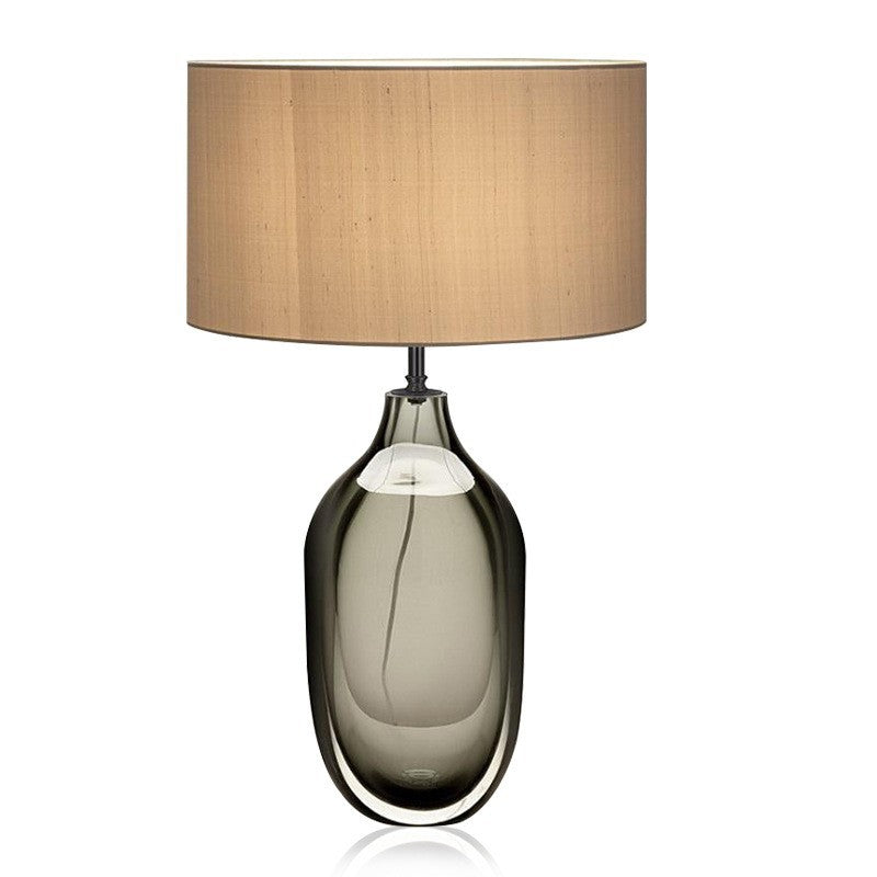 Smoky gray glass table lamp with taupe linen shade