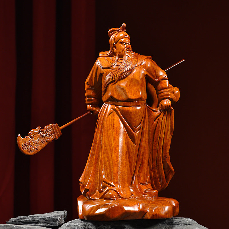 Solid wood hand carved Guan Gong statue front detail with traditional robe and guandao