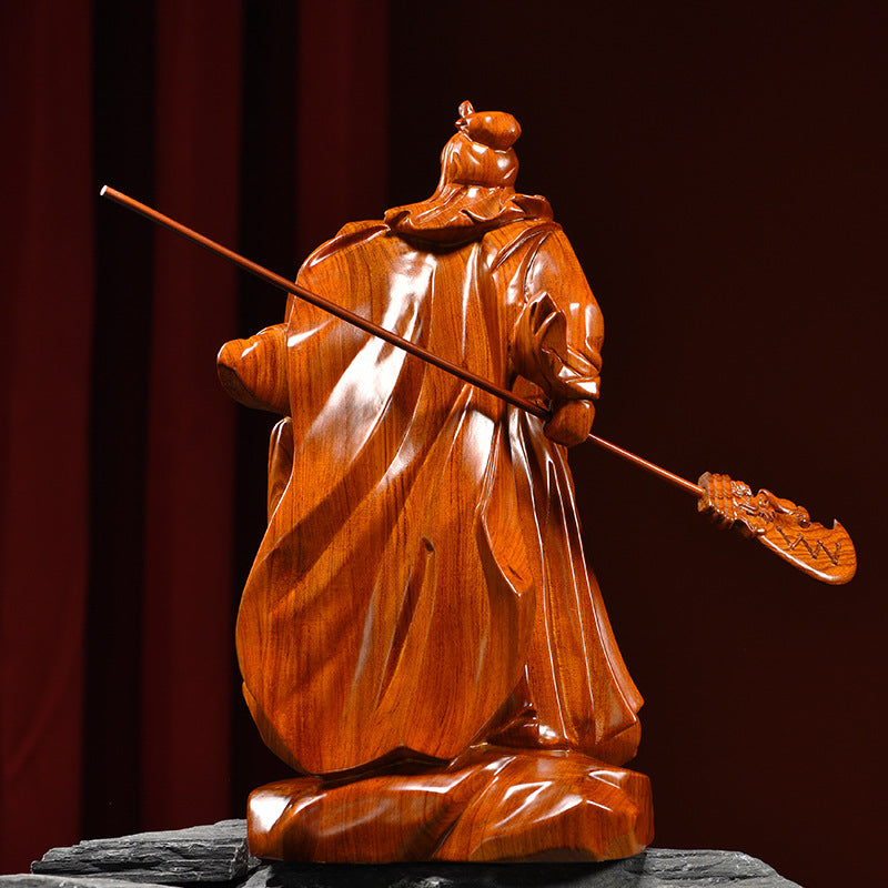 Solid wood hand carved Guan Yu Guan Gong sculpture with guandao rear view for office and entrance decor