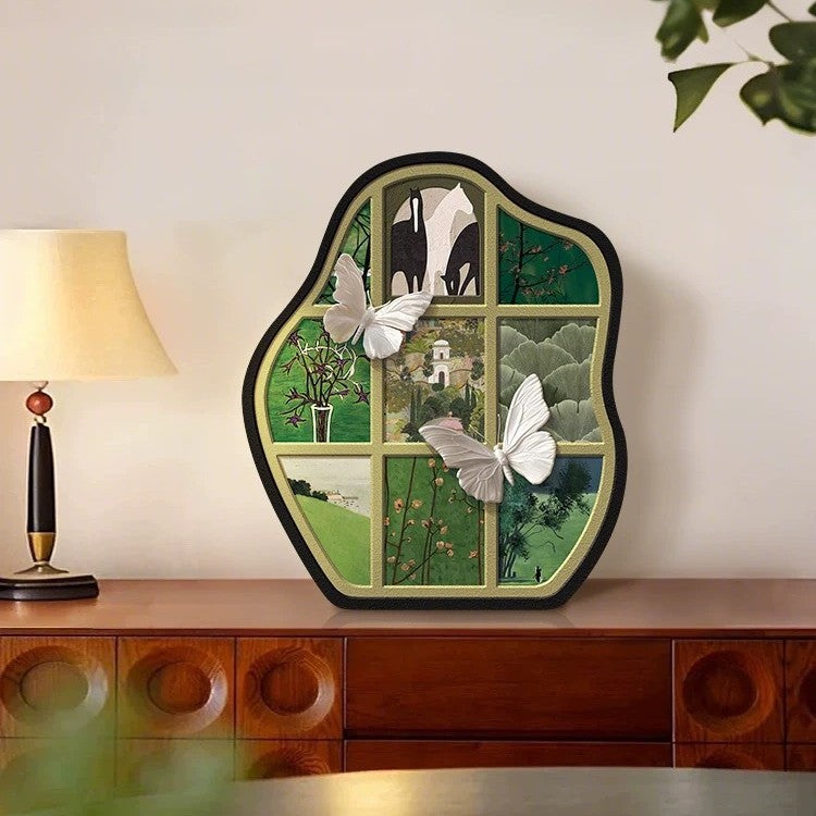 Green butterfly crystal porcelain art panel styled on wood cabinet