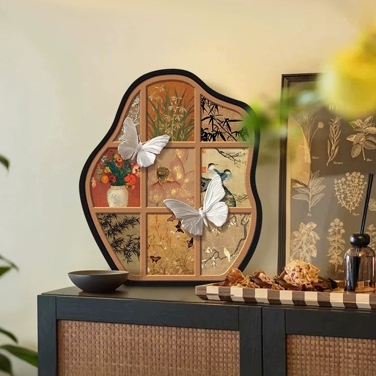 Warm tone Chinese butterfly tabletop panel with classical art collage