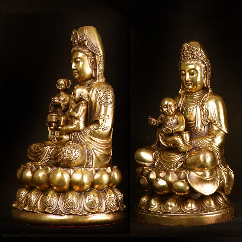 Song Zi Guanyin Bodhisattva copperware sculpture with children on lotus throne, Chinese Buddhist cultural decor for home altar meditation room and meaningful gift