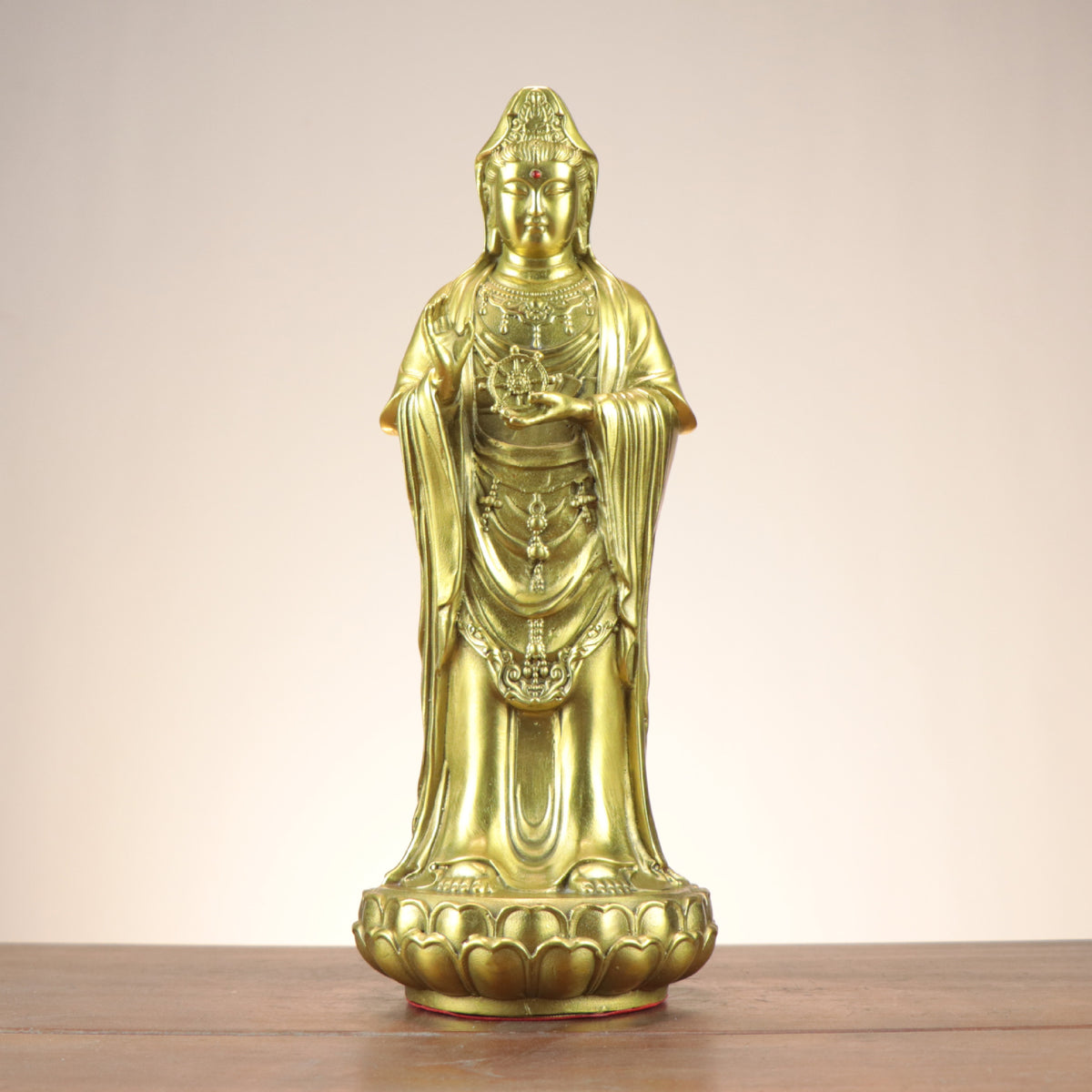 Standing Nanhai Guanyin Bodhisattva copperware statue on lotus base for home altar, meditation room and tea room decor
